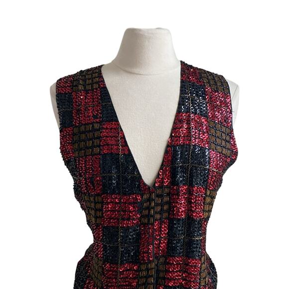 VINTAGE EVERETT COLLECTION Sequin Vest Womens Sz Medium Red Gold Cocktail - Picture 3 of 8